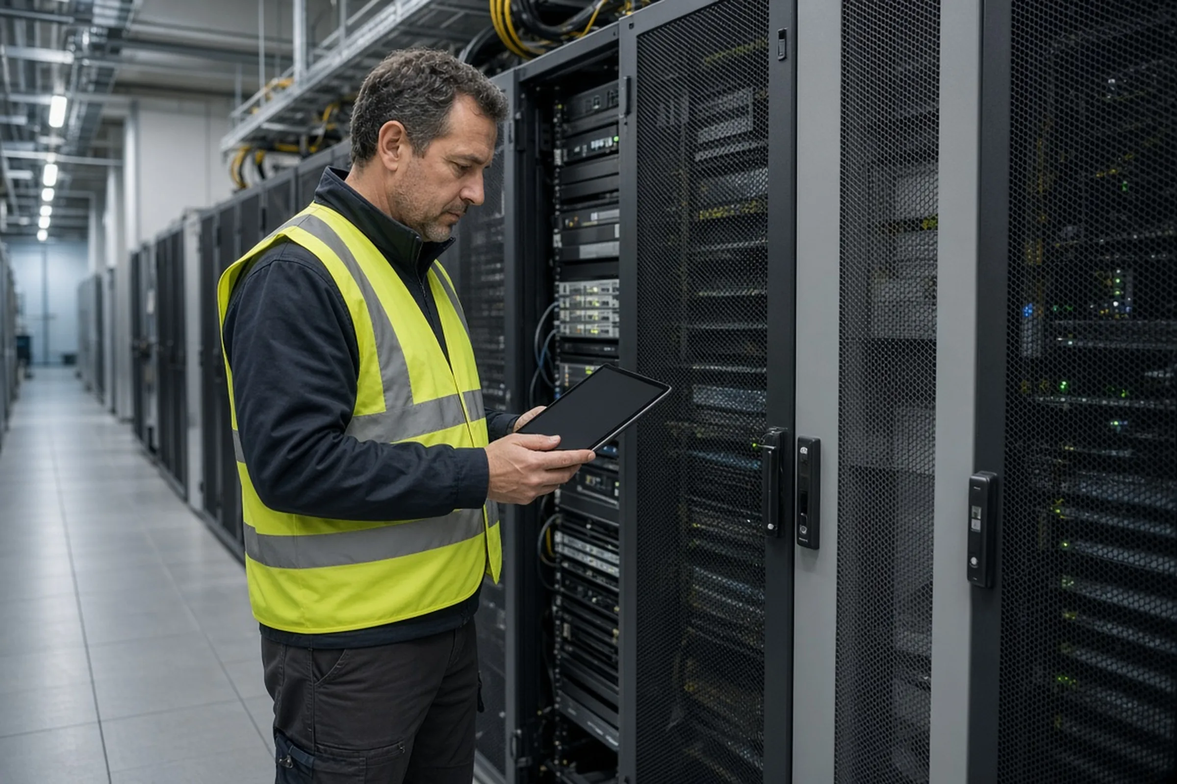 Facilities engineer inspecting data-center rack infrastructure while holding a tablet.