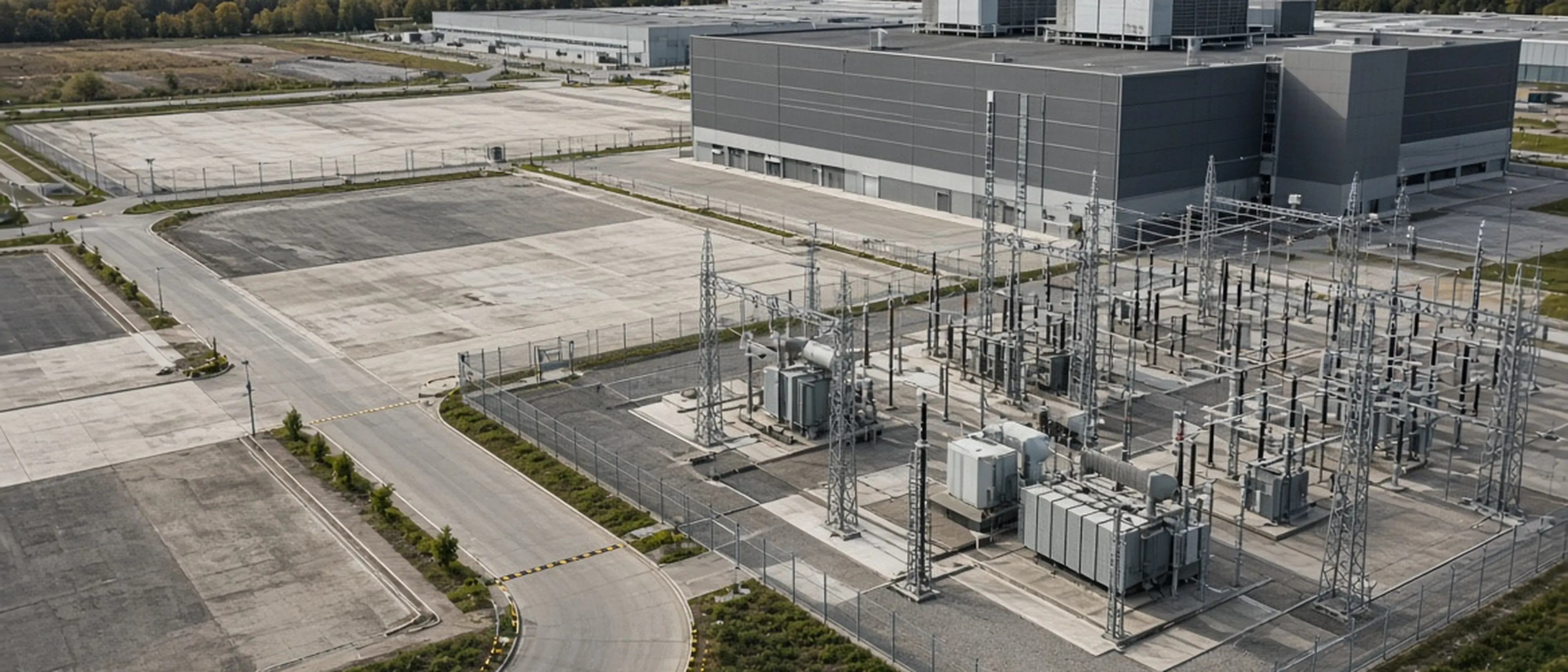 Reference photography — not a customer site; not measured evidence. Elevated view of an existing European data-center campus with on-site electrical substation, transformers and service roads.