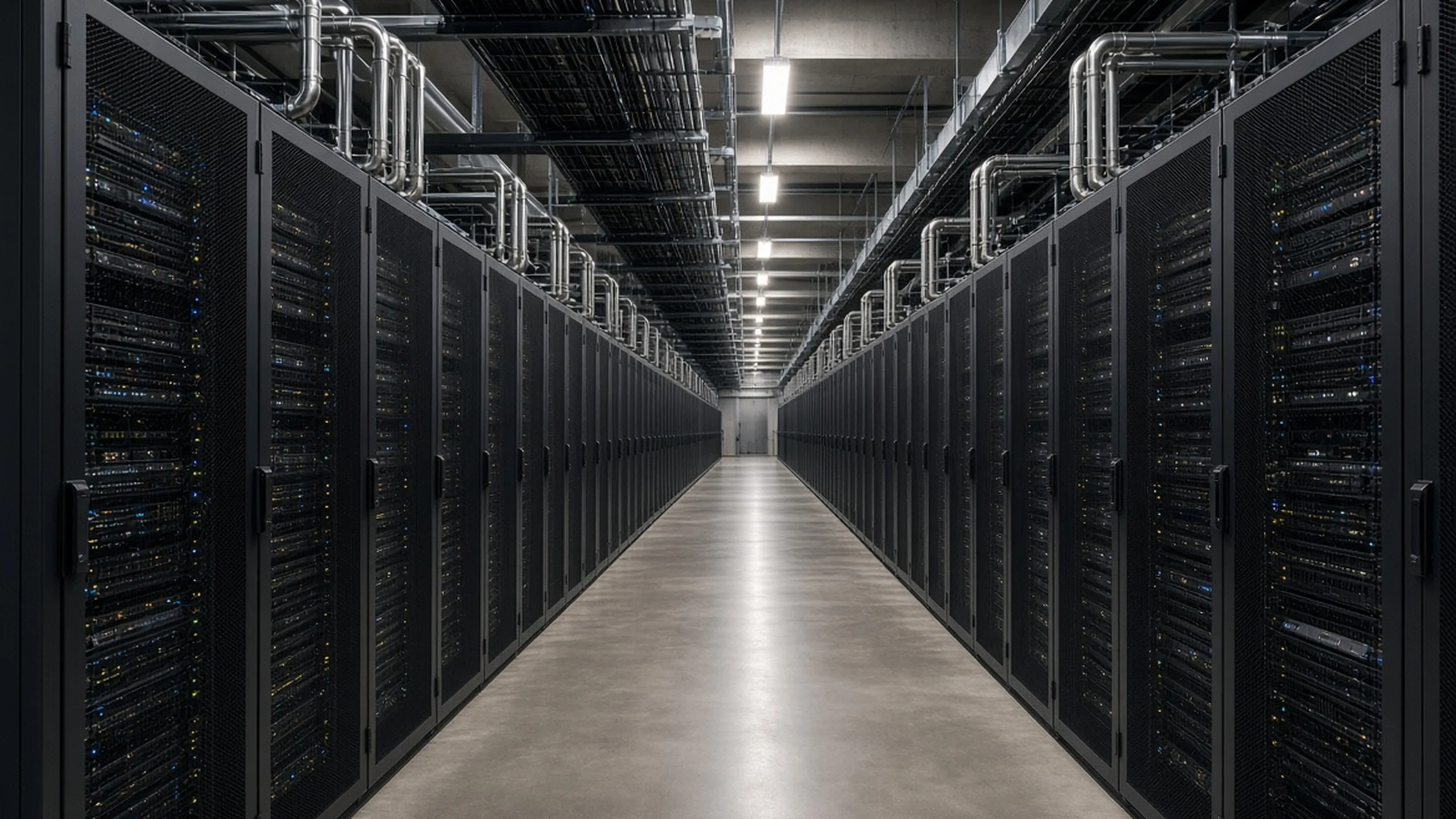 Reference photography — not a customer site; not measured evidence. Data-center hall with rows of high-density compute racks and overhead liquid-cooling pipework.
