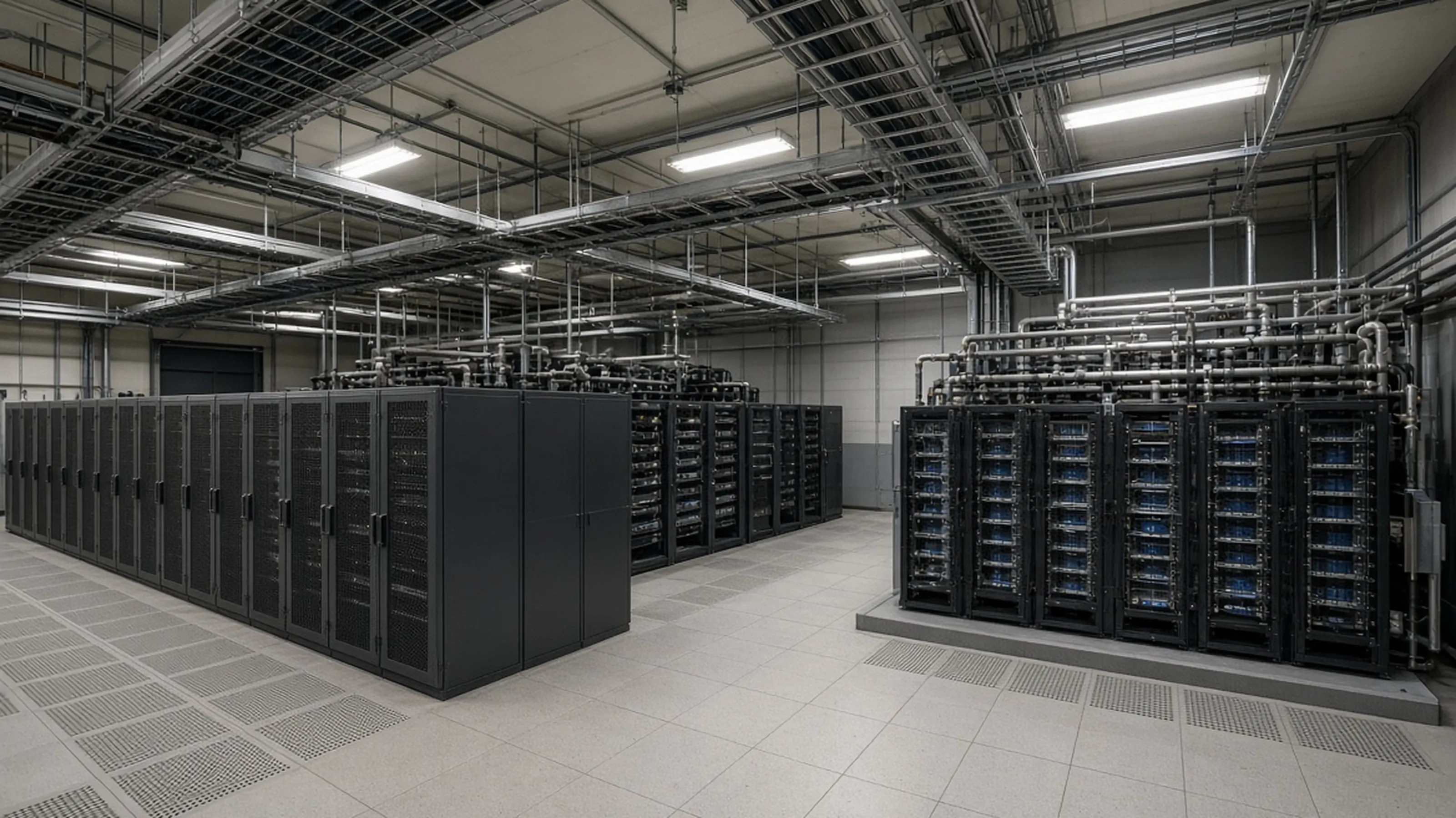 Reference photography — not a customer site; not measured evidence. Existing data-center hall with legacy lower-density racks and a denser liquid-cooled AI rack zone being retrofitted.