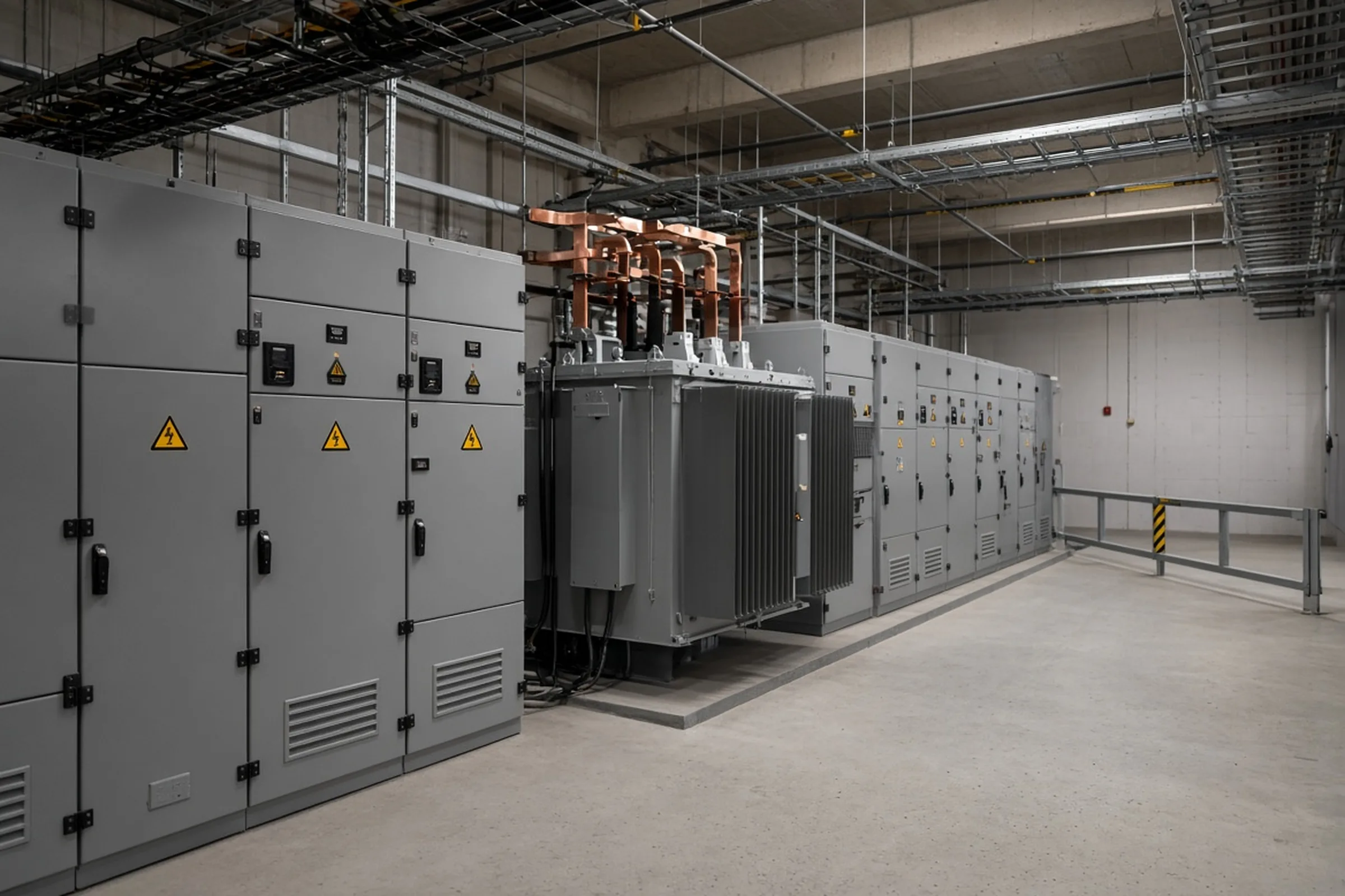 Reference photography — not a customer site; not measured evidence. Data-center electrical room with distribution switchgear, a transformer section, copper bus and cable trays.