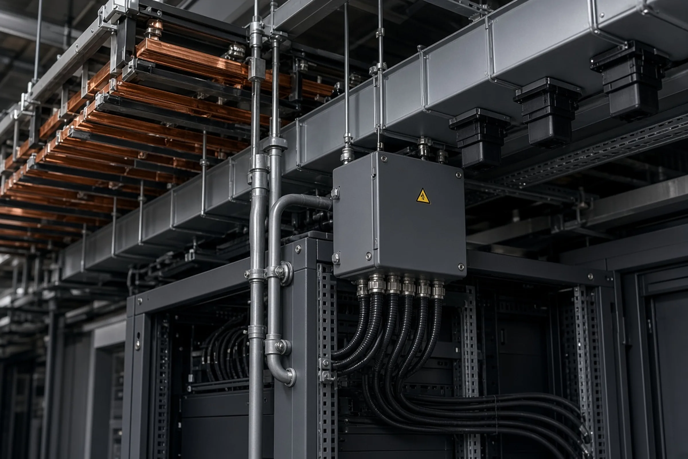 Reference photography — not a customer site; not measured evidence. Overhead data-center busway and rack tap-off enclosure feeding a high-density rack.