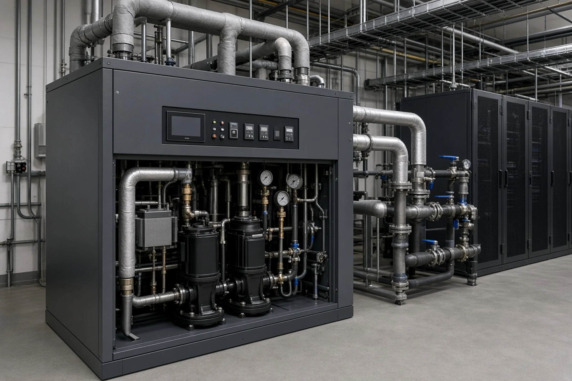 Reference photography — not a customer site; not measured evidence. Facility coolant distribution unit with pumps, heat-exchange pipework and connections toward liquid-cooled racks.