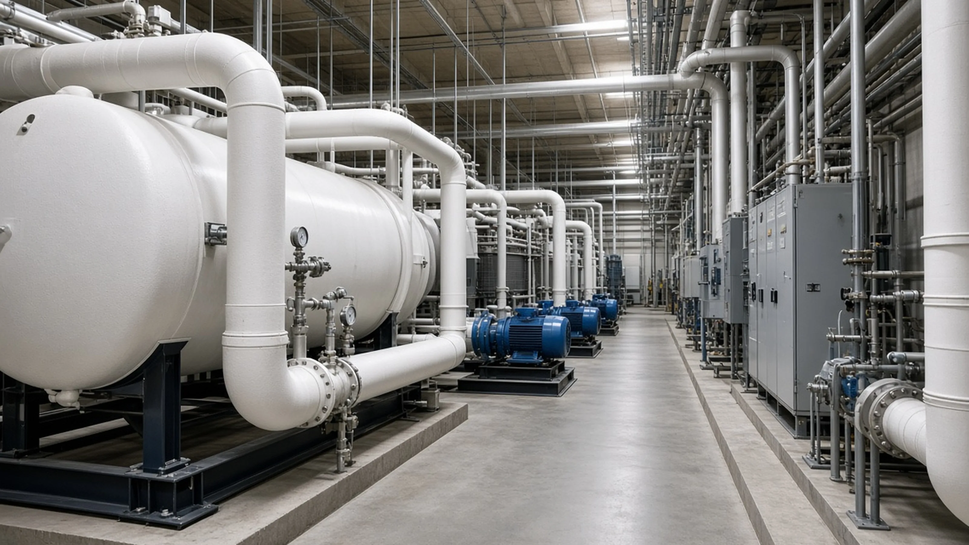Reference photography — not a customer site; not measured evidence. Data-center mechanical plant with insulated chilled-water pipework, pumps and heat-exchange equipment.