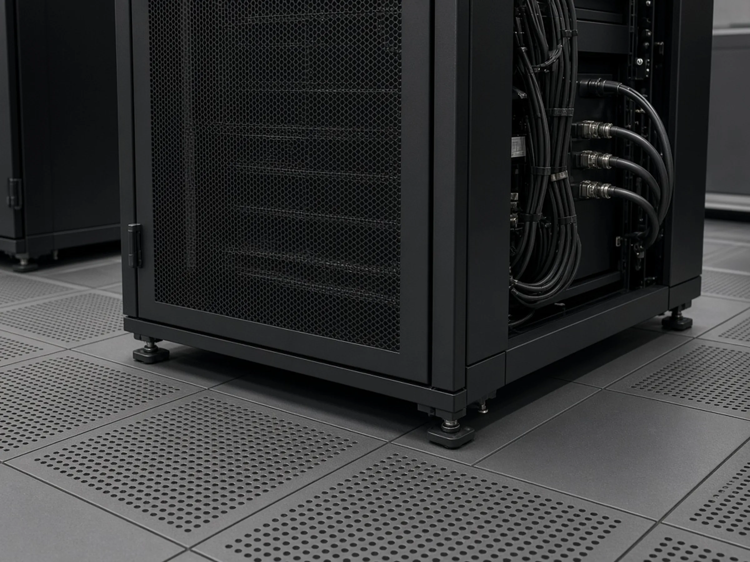 Reference photography — not a customer site; not measured evidence. High-density AI rack base standing on a raised-floor tile system with liquid-cooling connections at the cabinet.