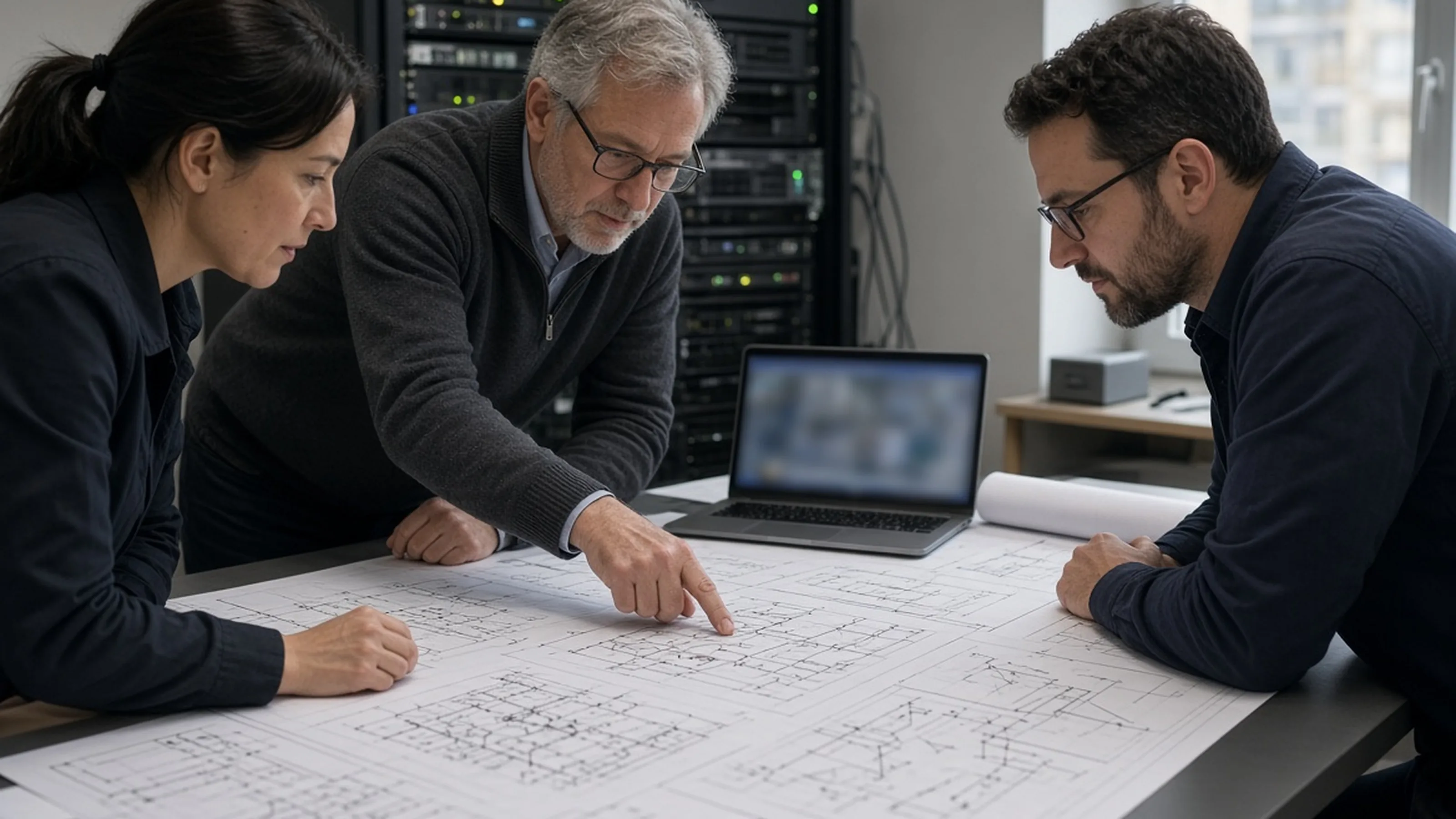 Reference photography — not a customer site; not measured evidence. Engineers reviewing data-center drawings and single-line documents in a technical meeting room.