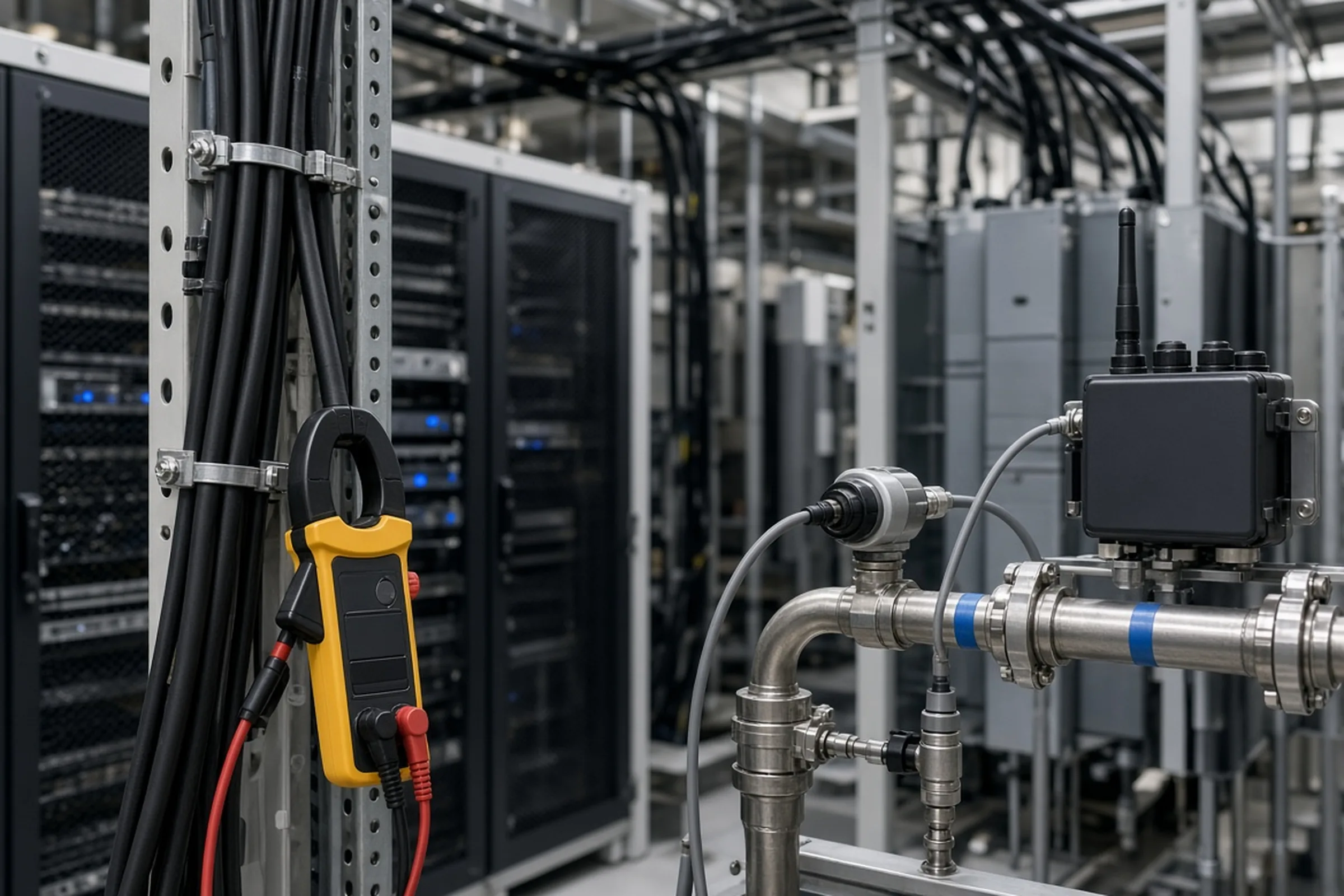 Reference photography — not a customer site; not measured evidence. Clamp-on electrical measurement and pipe-mounted thermal sensors installed in an operational data-center hall.