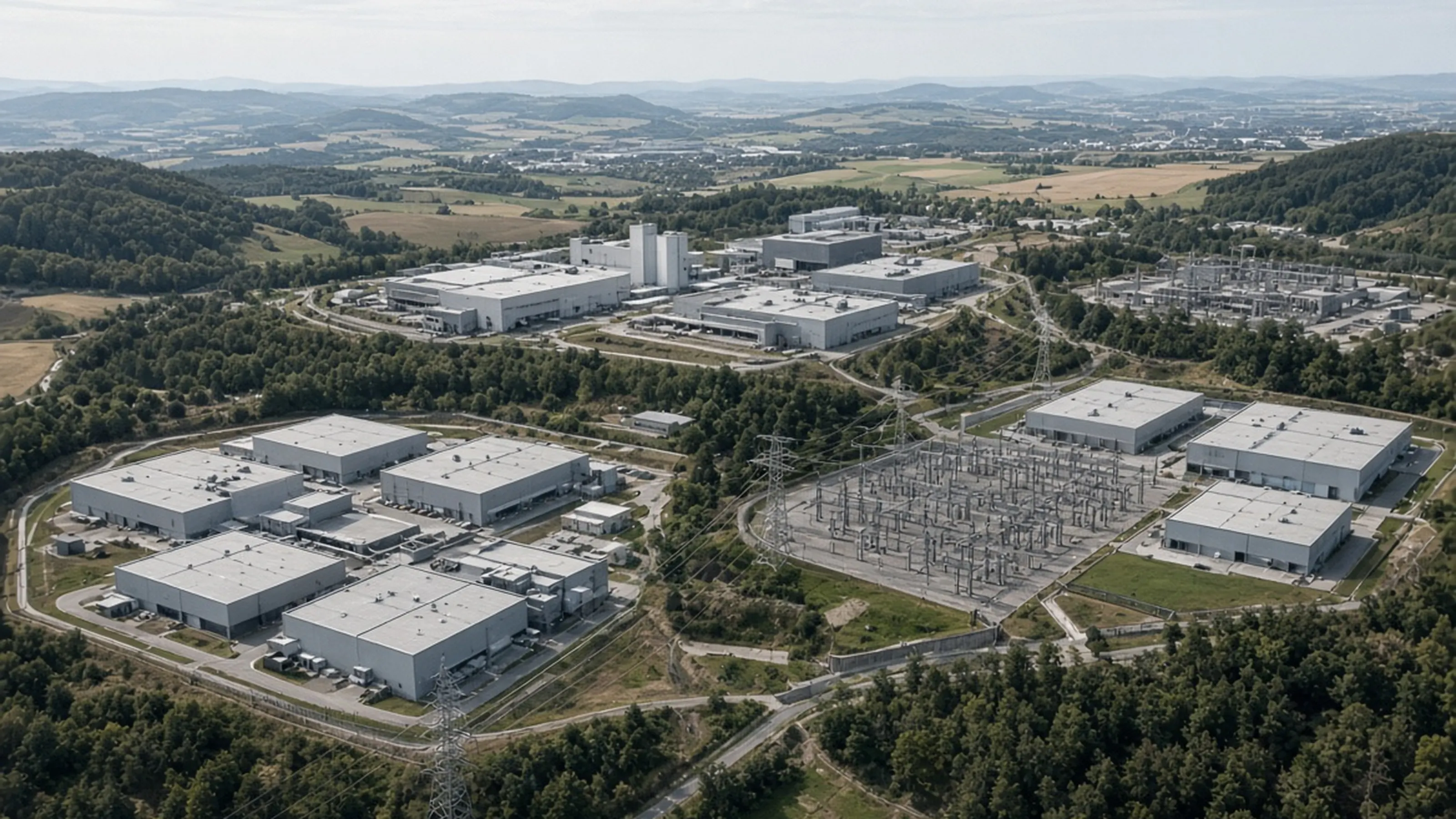 Reference photography — not a customer site; not measured evidence. Aerial view of several data-center campuses and substations in a European industrial landscape.
