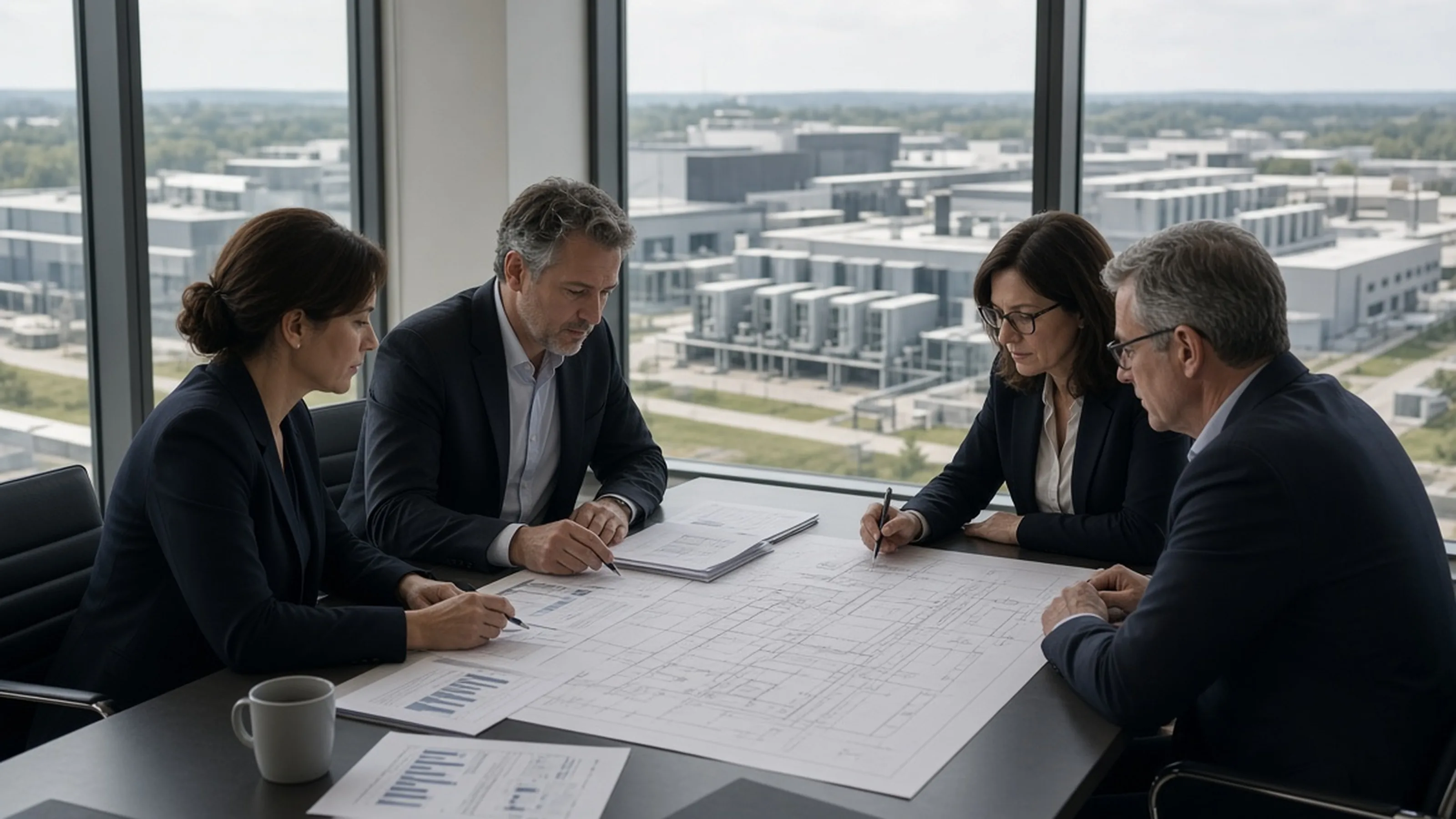 Reference photography — not a customer site; not measured evidence. Infrastructure investment meeting in a boardroom overlooking a data-center campus.